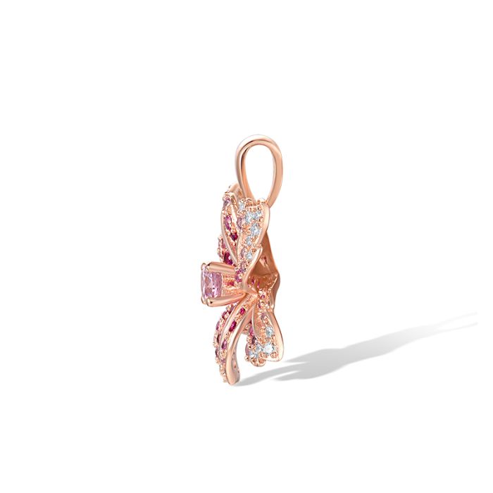Sidebilde av Lotusglød Sølv Anheng i rosé forgylt sterlingsølv med blomster design og naturinspirerte edelstener som rosa safir, rubin og cubic zirkonia – et perfekt sølv smykke med stil og symbolikk