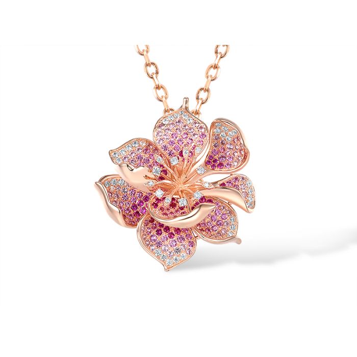Blomst Smykke i ekte sølv (SR925) med forgylling, rosa safirer, rubiner og hvite cubic zirkonia – et eksklusivt sølv smykke inspirert av orkidéens grasiøse form