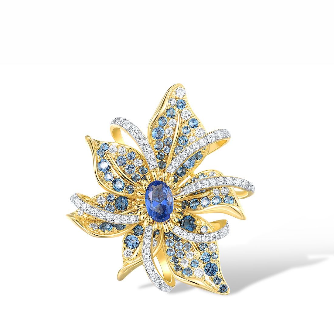 Gullbelagt smykke i sterling sølv med edelstener. Elegant Stjerne Blomst Anheng i forgylt sølv dekorert med blå spineller og hvite cubic zirkonia, inspirert av stjerner og blomster.