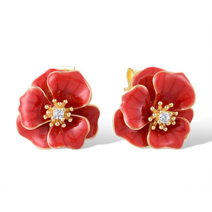 Sølv  Øredobber i forgylt sølv med håndmalte emalje blomster og cubic zirkonia – et romantisk blikkfang. Et sølv smykke for glede.
