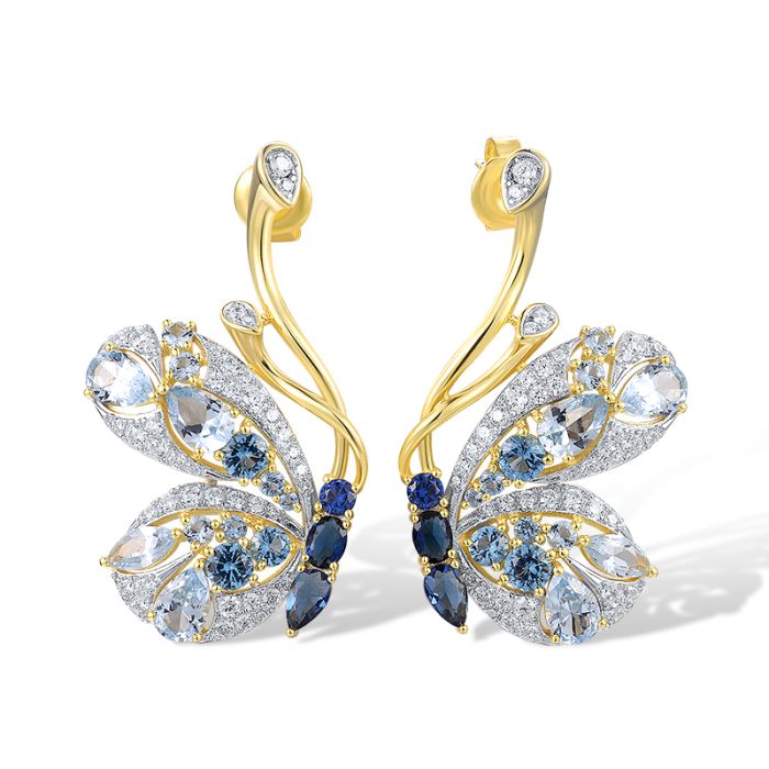 Sølv Øredobber i sommerfugl design 
 - sølv smykke som lagert i forgylt sølv med blå spineller, glasstener og cubic zirkonia – elegante sølv øredobber inspirert av sommerfuglens skjønnhet. Gullbelagt ekte sølv med edelstener.